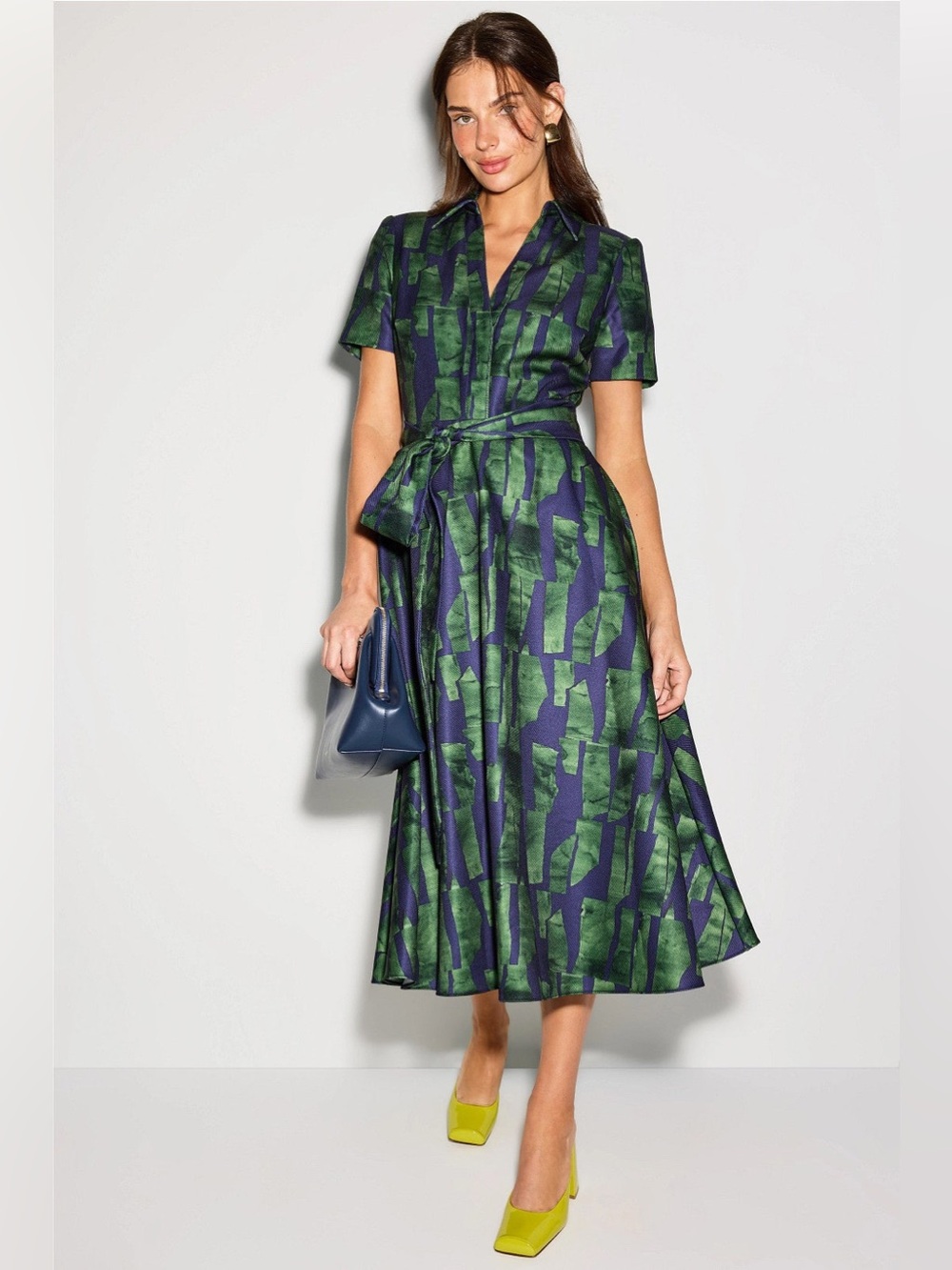 Badgley Mischka Green and Navy Abstract Midi Shirt Dress
